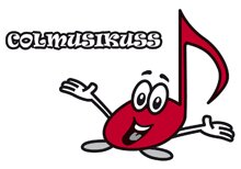 Logo auf weißem Grund mit Grafik und Text: COLMUSIKUSS, darunter eine Figur als "Note" mit großen Augen, offenem Mund und einladend ausgestreckten Armen.